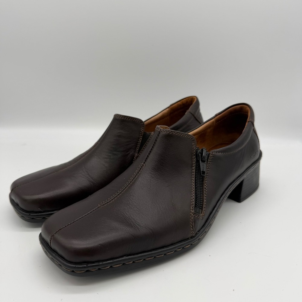 Josef Seibel Brown Leather Square Toe Side Zip Loafers Block Heel Shoes Size 38
